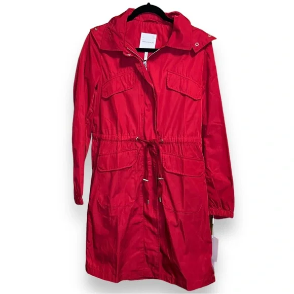 NWT Avec Les Filles Red Oversized Rain Anorak Hooded Trench Coat Women’s Small - Picture 5 of 13